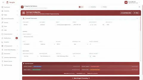 Deal Input Configuration - Customer information, address, employment details, and data flow preview showing agent processing pipeline